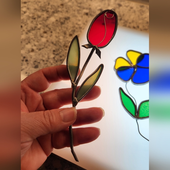 Lot of 4 Vintage Flower Retro Stainglass Sunkatchers Tulips, Pansy, Orchid - Picture 2 of 16